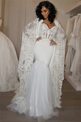 Gorgeous Long Sleeves White Mermaid Evening Dress Lace Long With Cape Gorgeous Long Sleeves White Mermaid Evening Dress Lace Long With Cape