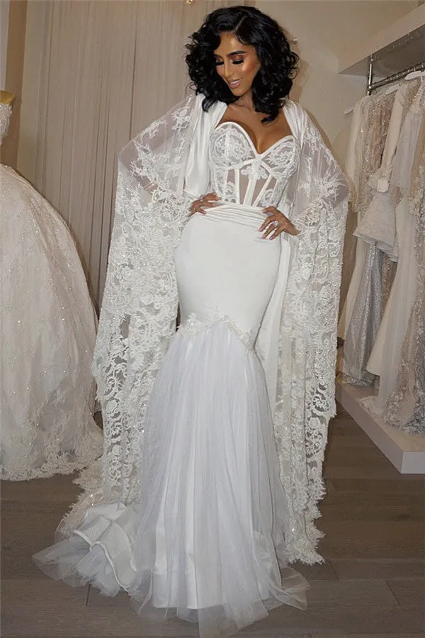 Gorgeous Long Sleeves White Mermaid Evening Dress Lace Long With Cape