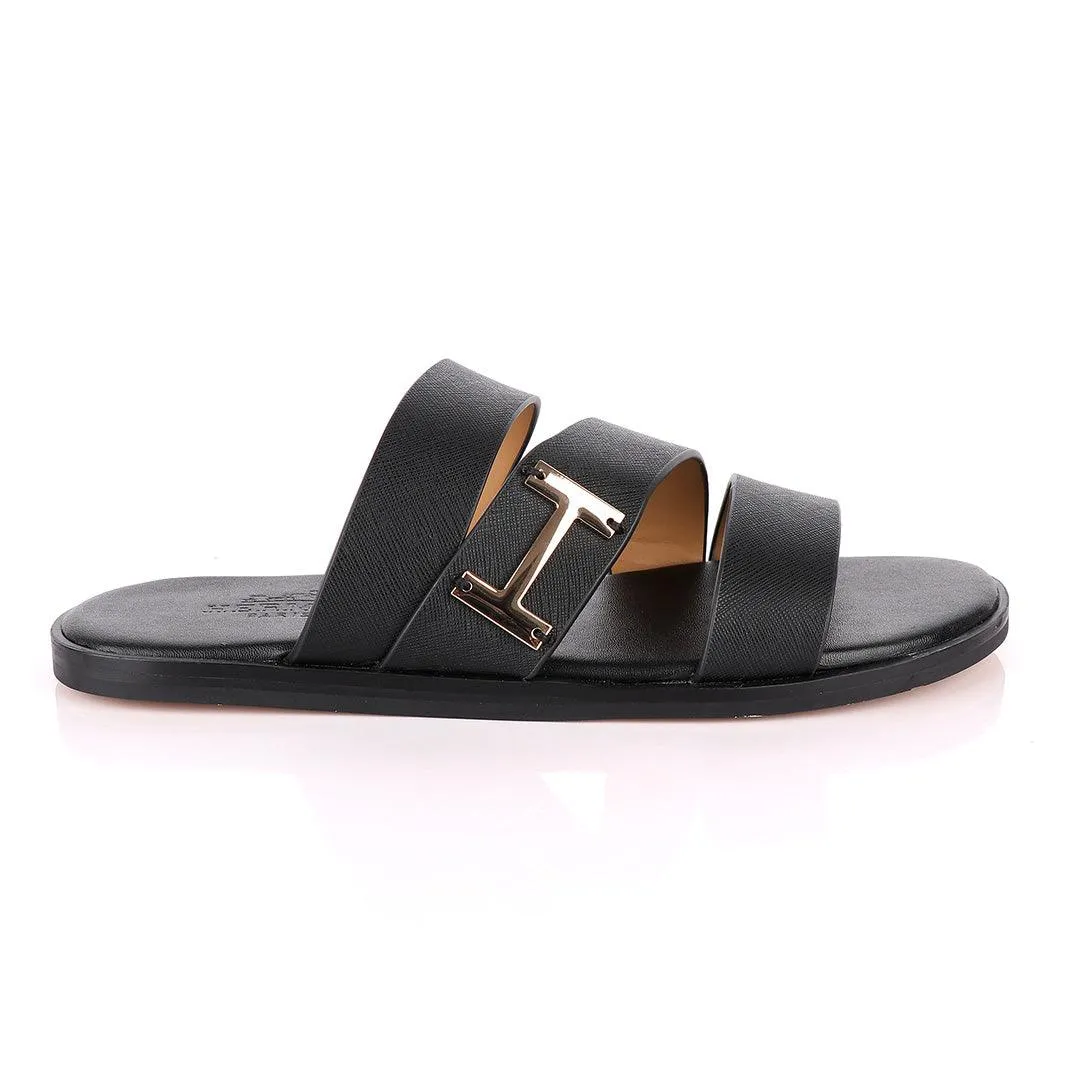 Hermes Paris 3 Strap With Logo Black Leather Slippers