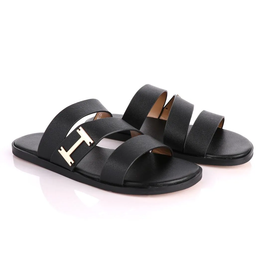 Hermes Paris 3 Strap With Logo Black Leather Slippers