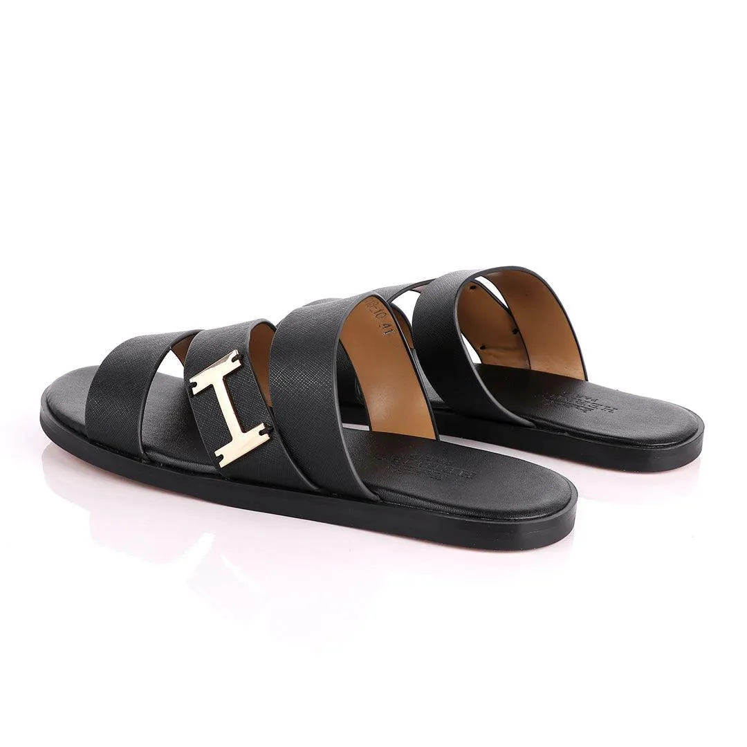 Hermes Paris 3 Strap With Logo Black Leather Slippers
