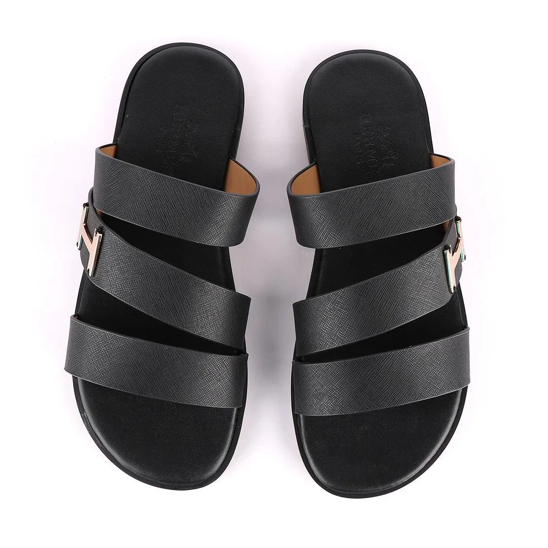 Hermes Paris 3 Strap With Logo Black Leather Slippers