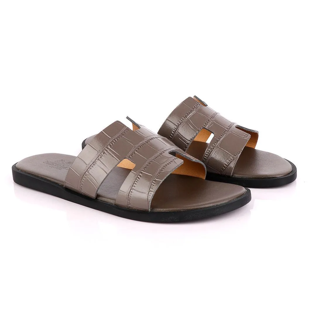 Hermes Paris Ash Croc Patterned Leather Slippers.