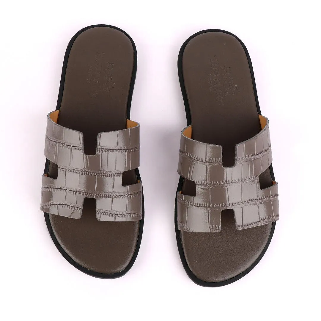 Hermes Paris Ash Croc Patterned Leather Slippers.