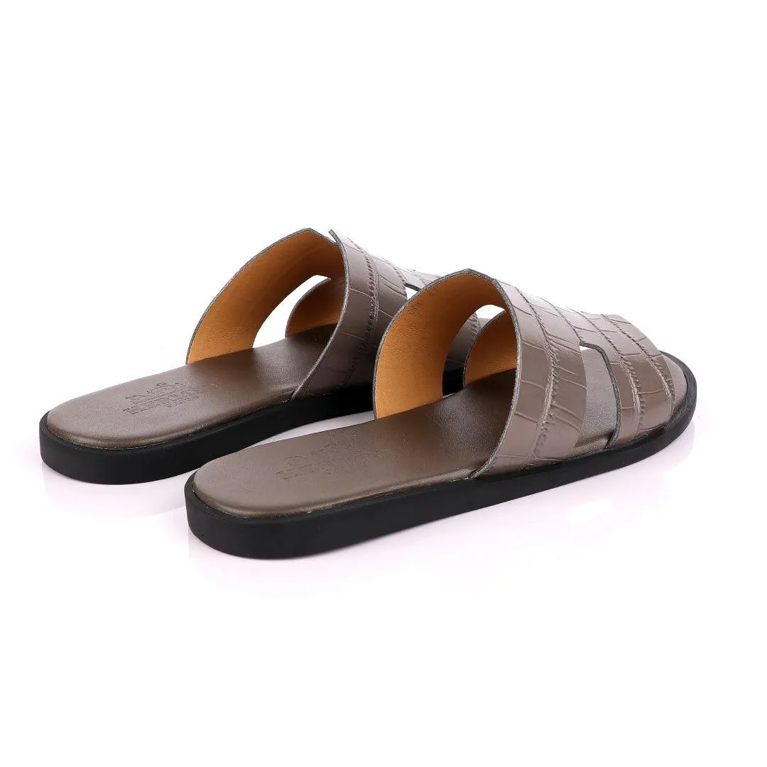 Hermes Paris Ash Croc Patterned Leather Slippers.