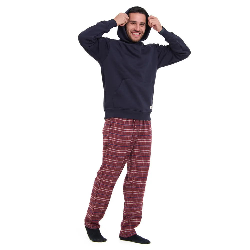 Men Winter Pajama Set Dark blue Hoodie   Red x Blue Checkered Pants