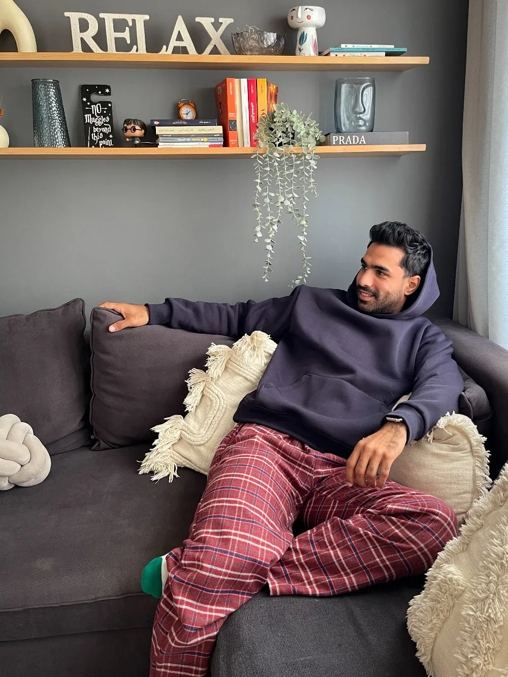 Men Winter Pajama Set Dark blue Hoodie   Red x Blue Checkered Pants