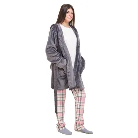 Women Winter Pajama Set Dark Grey Robe   Pink x Dark Grey Checkered Pants Women Winter Pajama Set Dark Grey Robe   Pink x Dark Grey Checkered Pants
