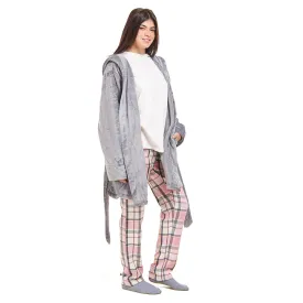 Women Winter Pajama Set  Grey Robe   Pink x Dark Grey Checkered Pants Women Winter Pajama Set  Grey Robe   Pink x Dark Grey Checkered Pants