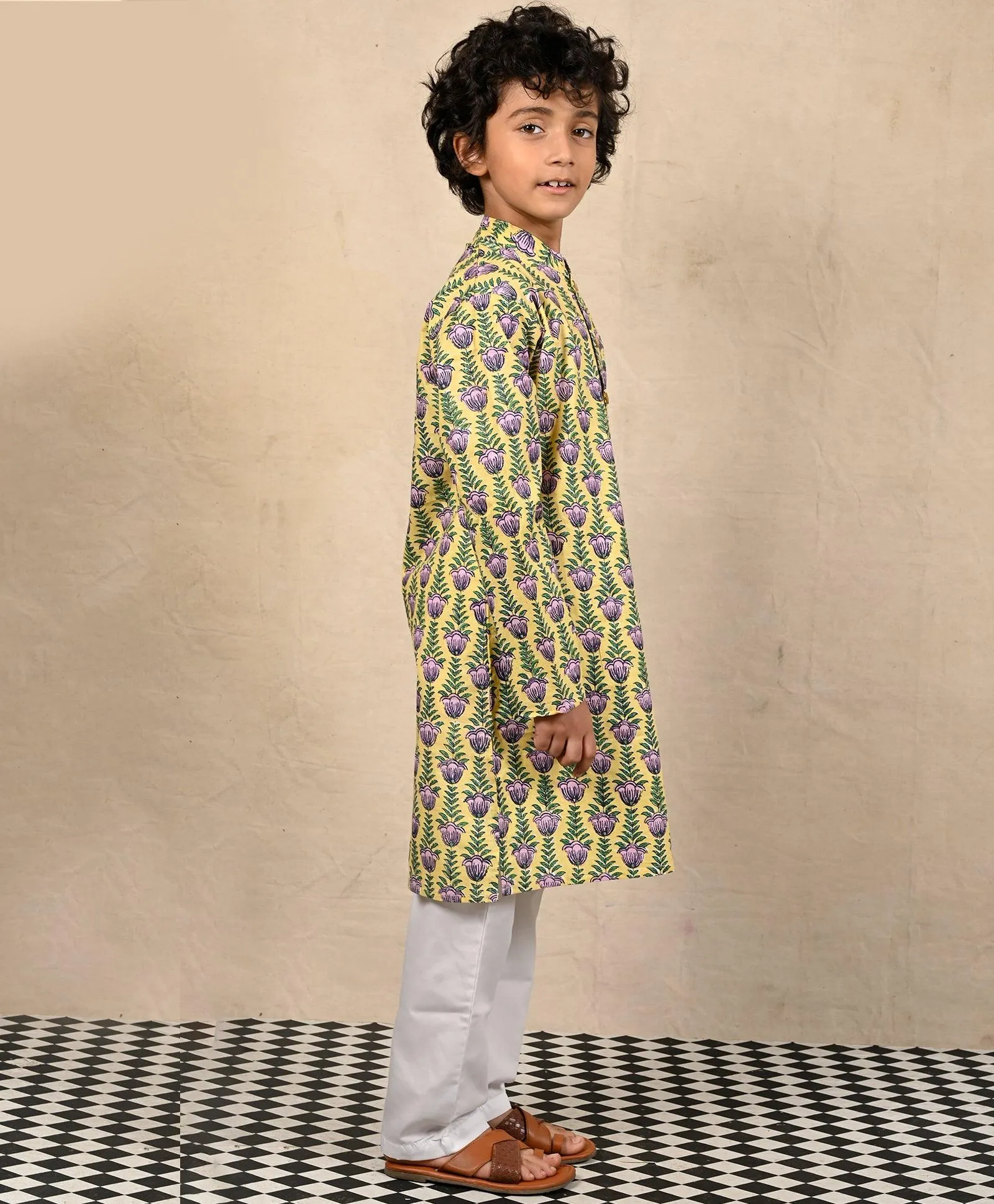 YELLOW BLOCK PRINT PURE COTTON KURTA PYJAMA SET - YELLOW/WHITE